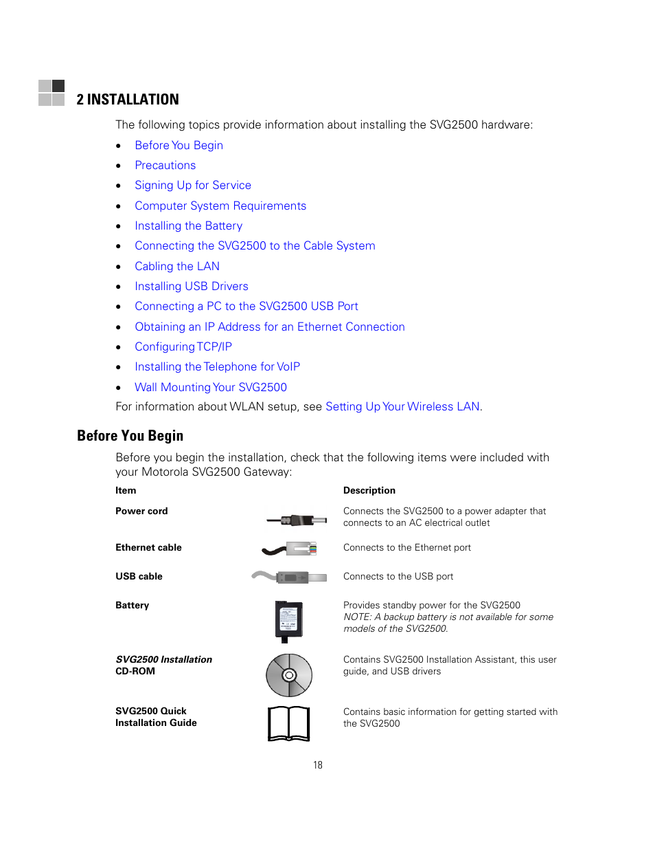 2 installation, Before you begin | Motorola SURFBOARD SVG2500 User Manual | Page 33 / 175