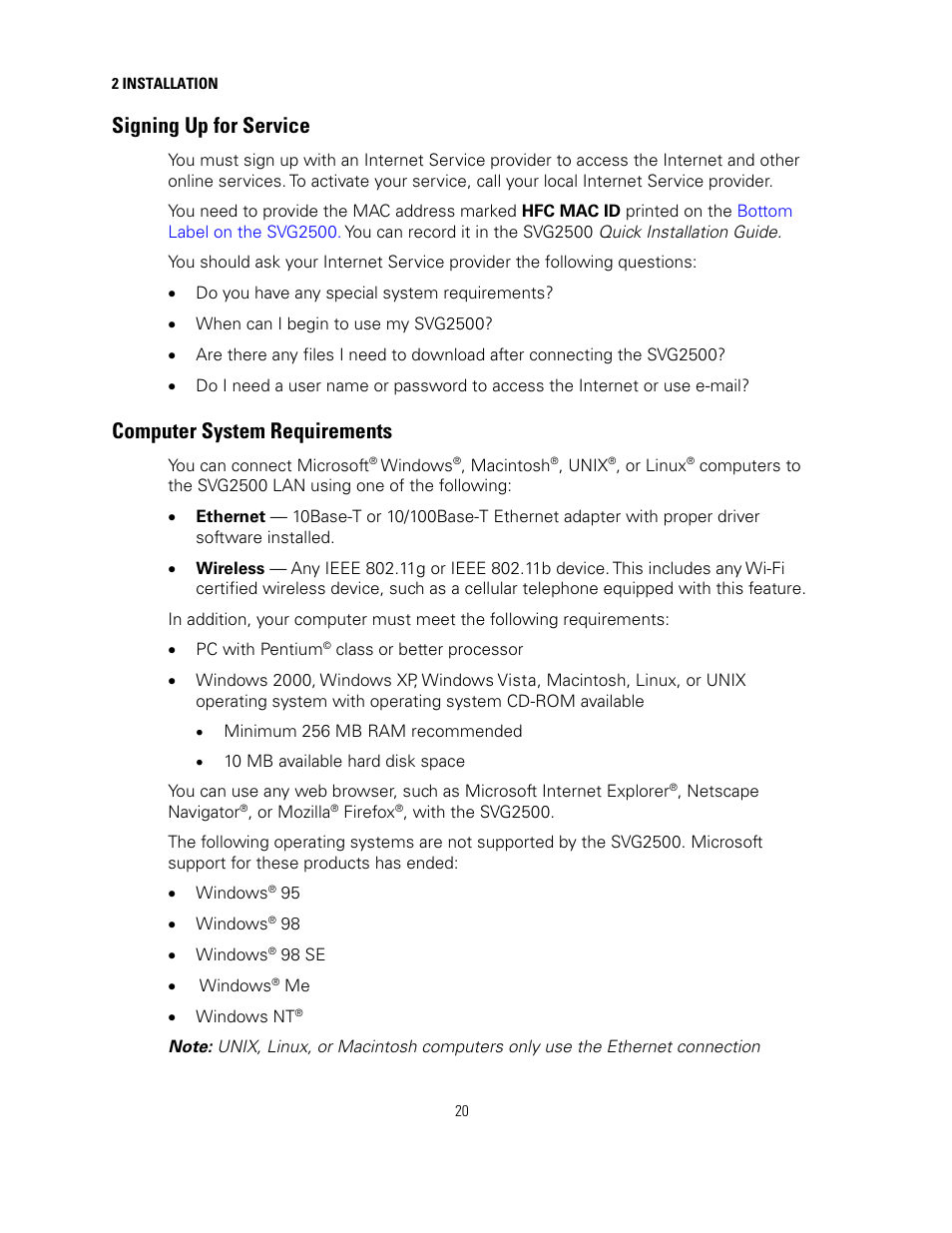 Signing up for service, Computer system requirements | Motorola SURFBOARD SVG2500 User Manual | Page 35 / 175