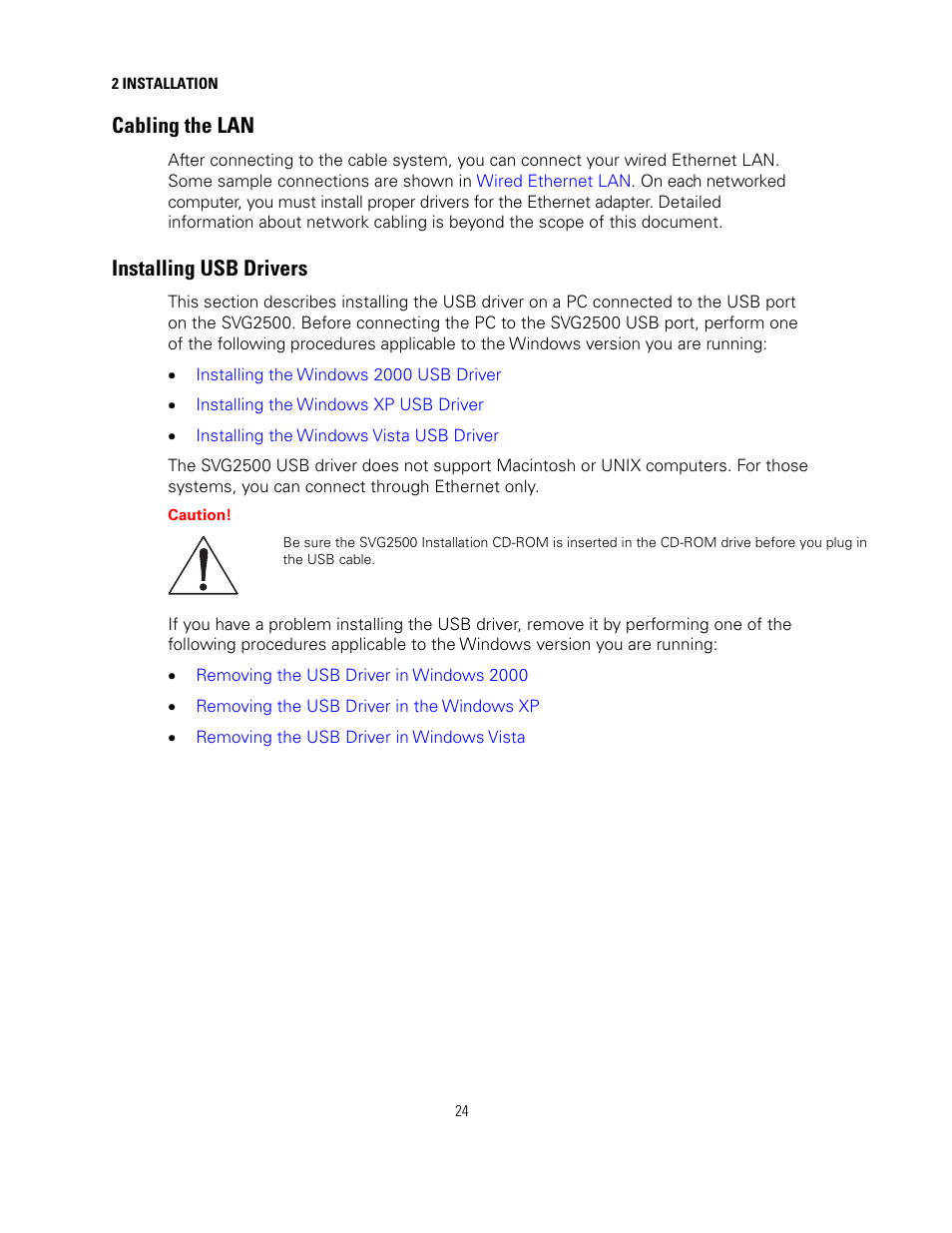 Cabling the lan, Installing usb drivers | Motorola SURFBOARD SVG2500 User Manual | Page 39 / 175
