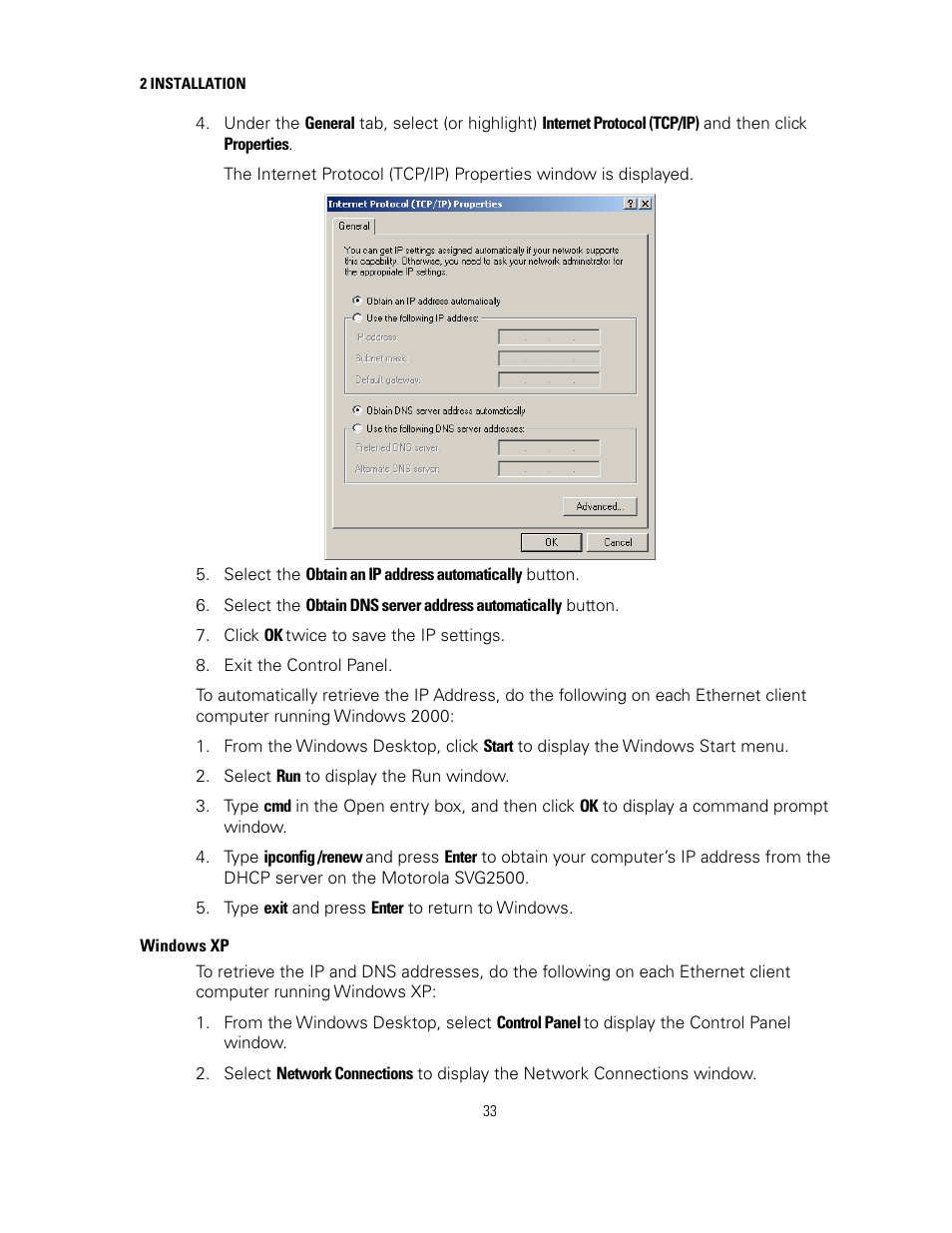 Windows xp | Motorola SURFBOARD SVG2500 User Manual | Page 48 / 175