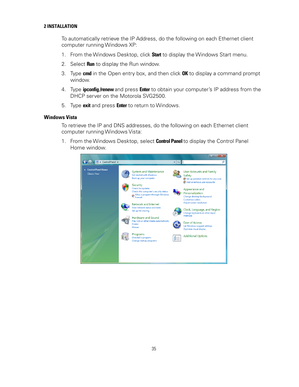 Windows vista | Motorola SURFBOARD SVG2500 User Manual | Page 50 / 175