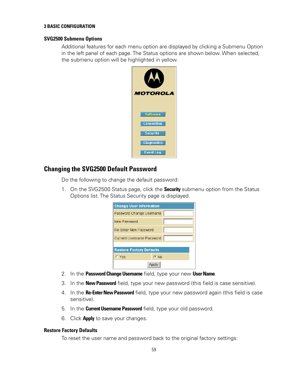 Svg2500 submenu options, Changing the svg2500 default password, Restore factory defaults | Motorola SURFBOARD SVG2500 User Manual | Page 74 / 175