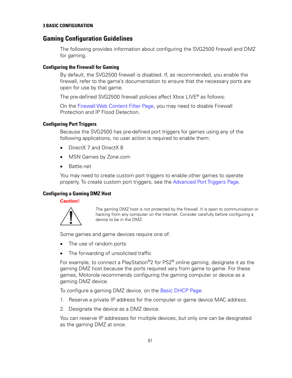 Gaming configuration guidelines, Configuring the firewall for gaming, Configuring port triggers | Configuring a gaming dmz host, Gaming, Configuration guidelines | Motorola SURFBOARD SVG2500 User Manual | Page 76 / 175