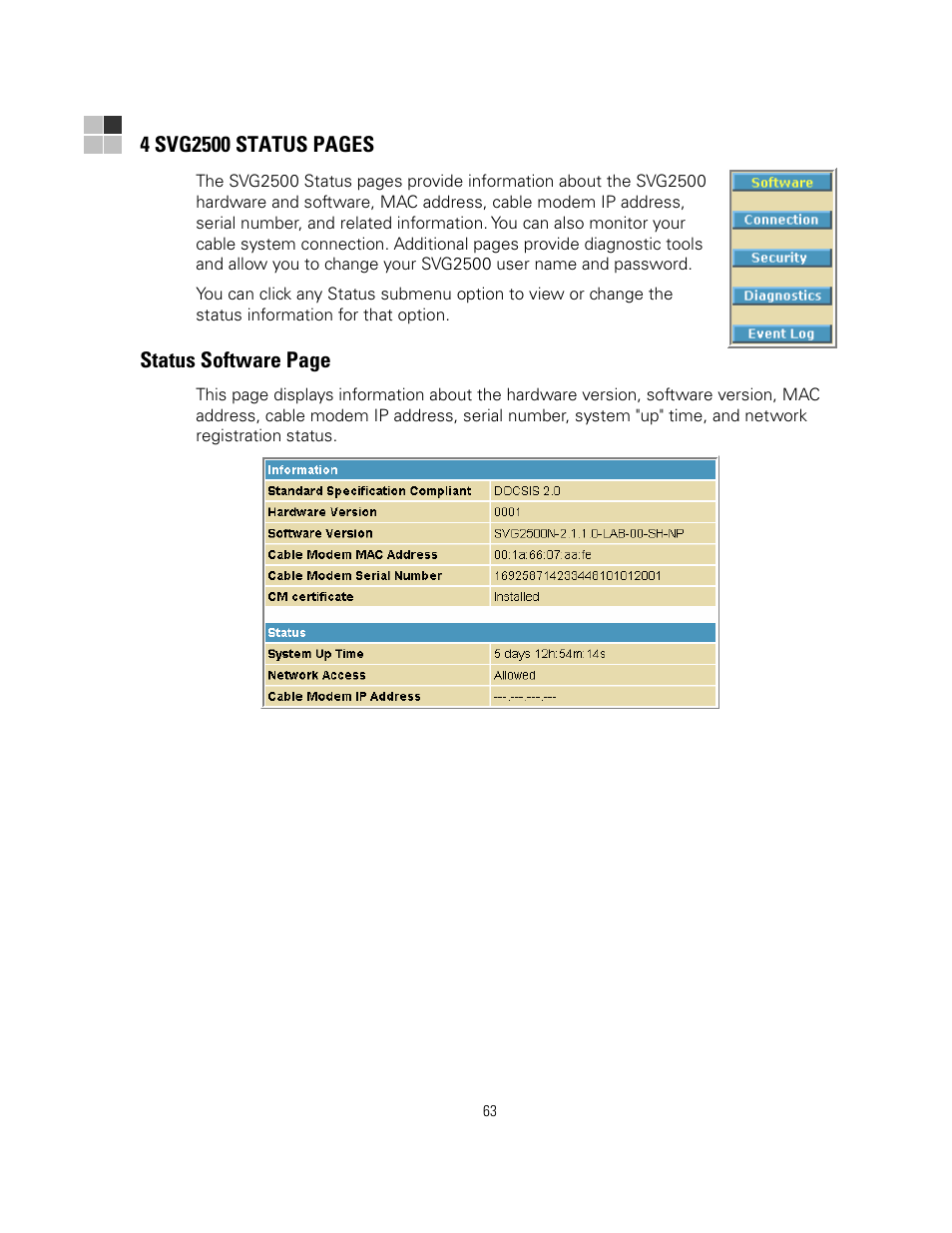 Status software page | Motorola SURFBOARD SVG2500 User Manual | Page 78 / 175
