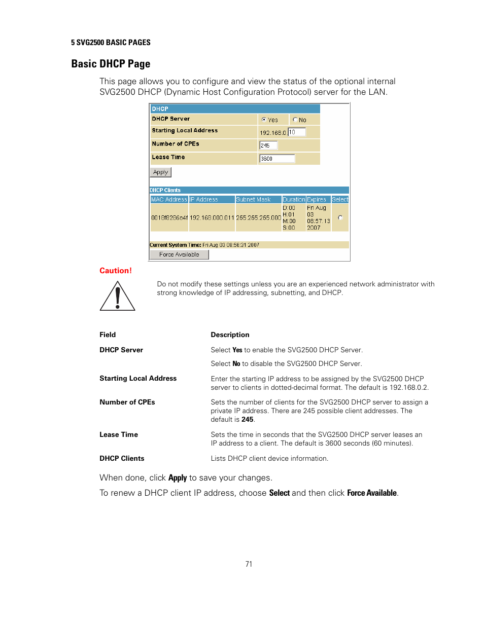 On the, Basic dhcp page | Motorola SURFBOARD SVG2500 User Manual | Page 86 / 175
