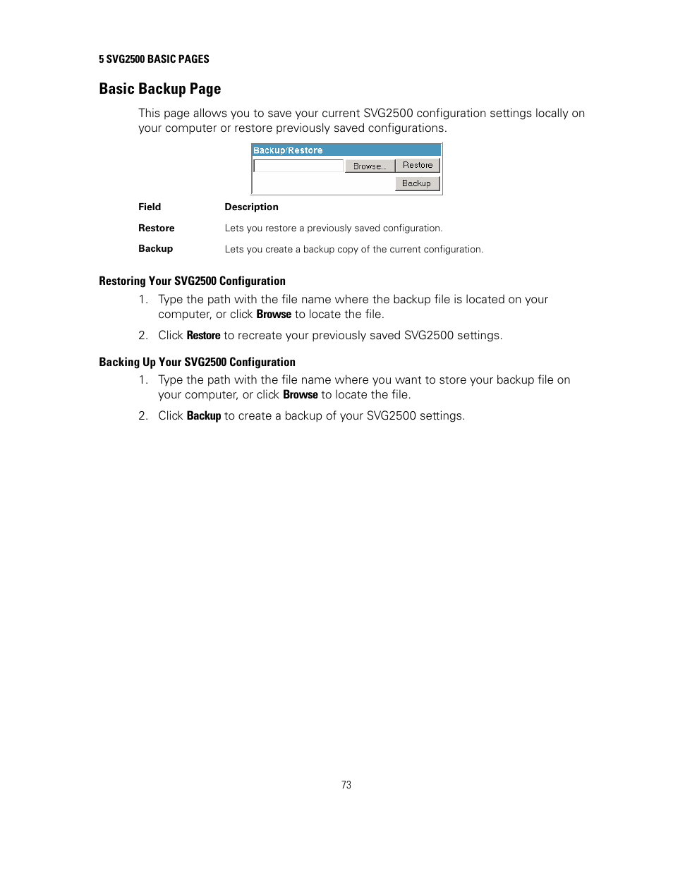 Restoring your svg2500 configuration, Backing up your svg2500 configuration, Basic backup page | Motorola SURFBOARD SVG2500 User Manual | Page 88 / 175