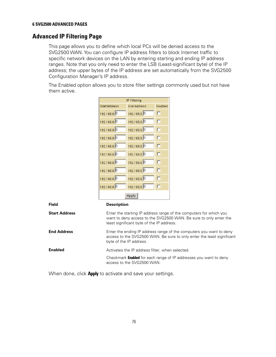 Advanced ip filtering page | Motorola SURFBOARD SVG2500 User Manual | Page 91 / 175