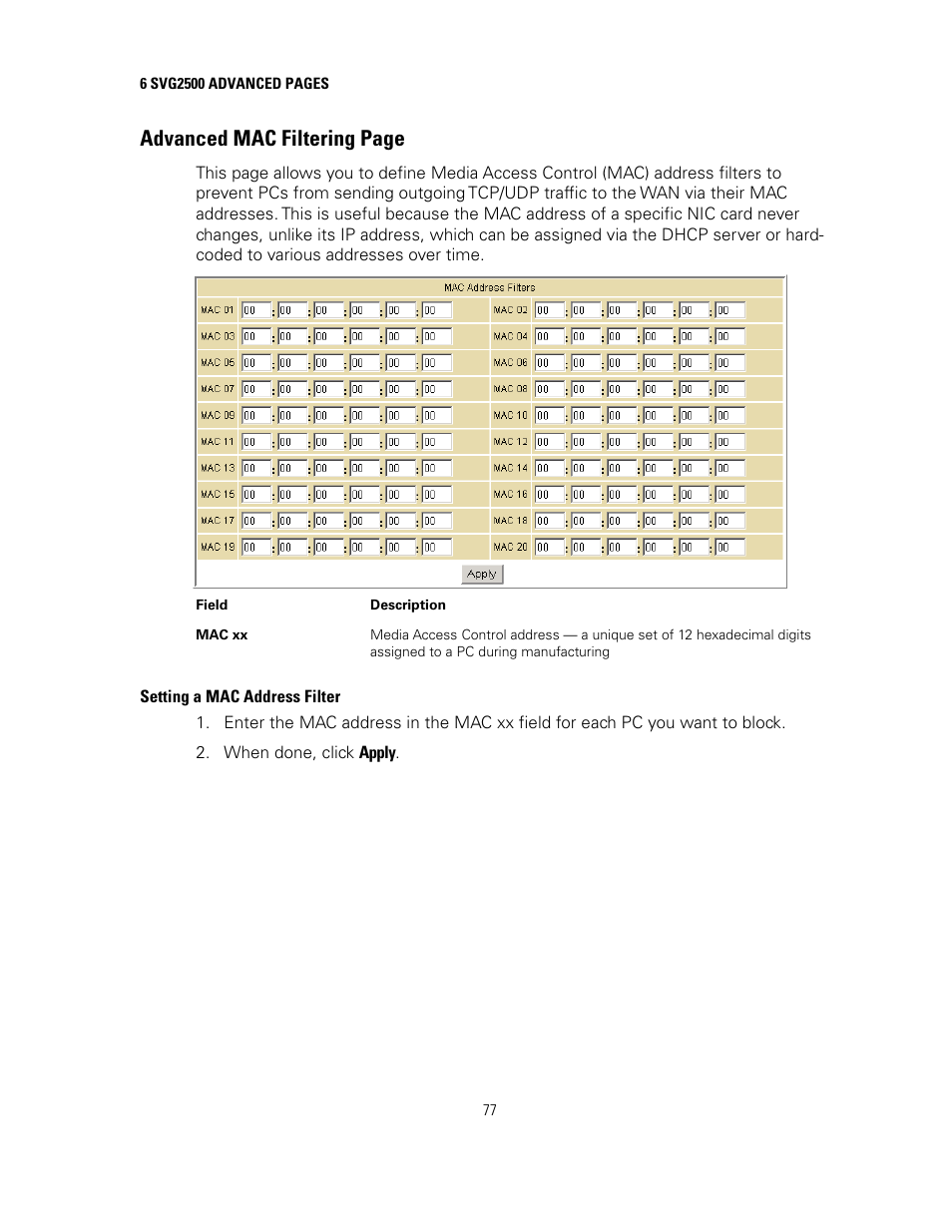 Setting a mac address filter, Advanced mac filtering page | Motorola SURFBOARD SVG2500 User Manual | Page 92 / 175