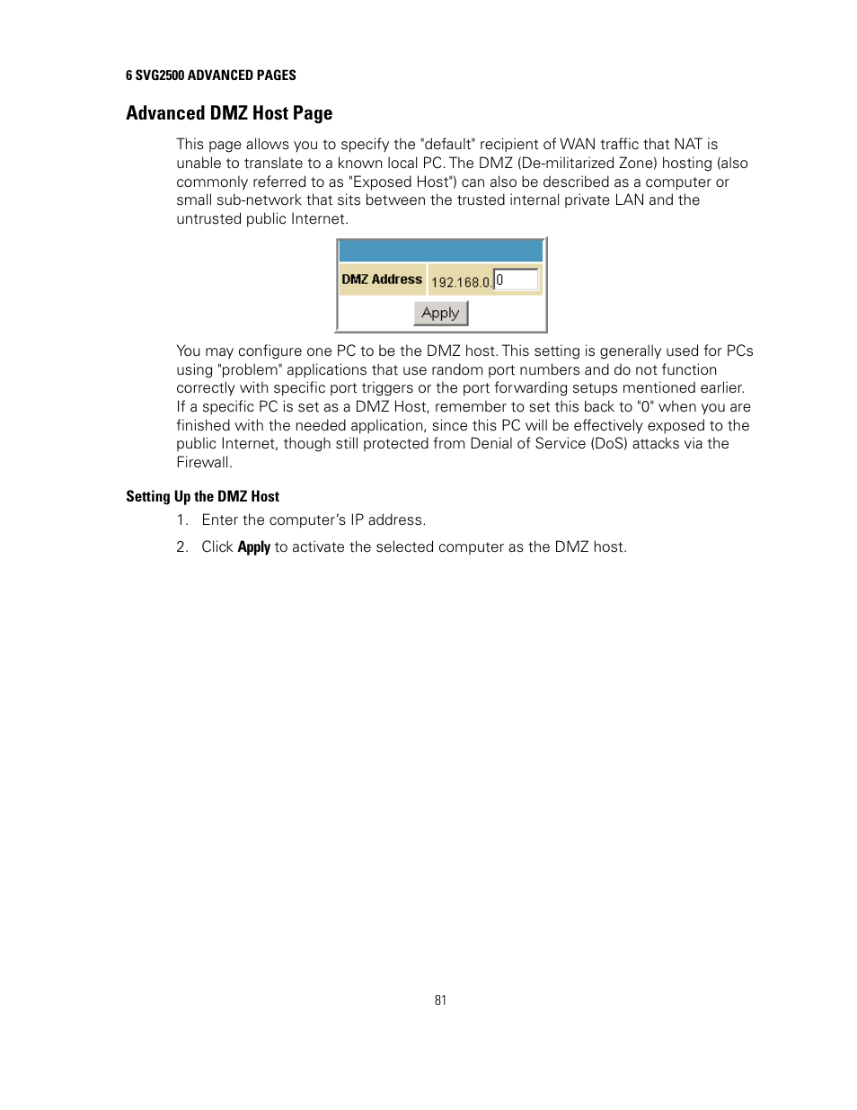Setting up the dmz host, Advanced dmz host page | Motorola SURFBOARD SVG2500 User Manual | Page 96 / 175