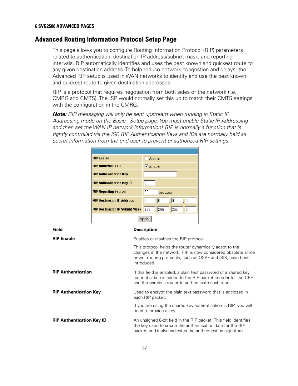 Advanced routing information protocol setup page | Motorola SURFBOARD SVG2500 User Manual | Page 97 / 175