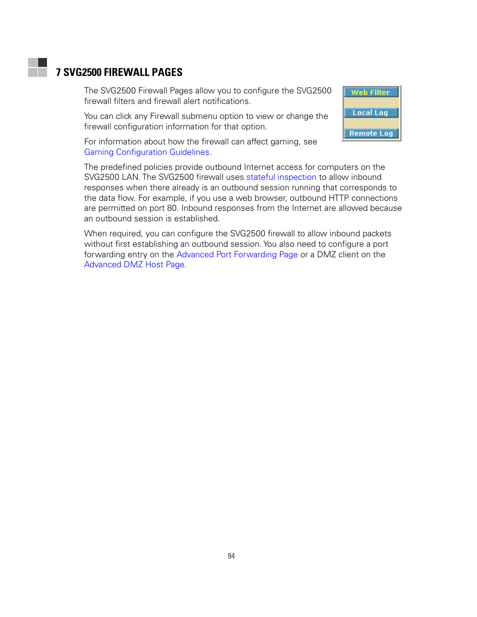 Section 7, svg2500 firewall, N. see, Section | Motorola SURFBOARD SVG2500 User Manual | Page 99 / 175