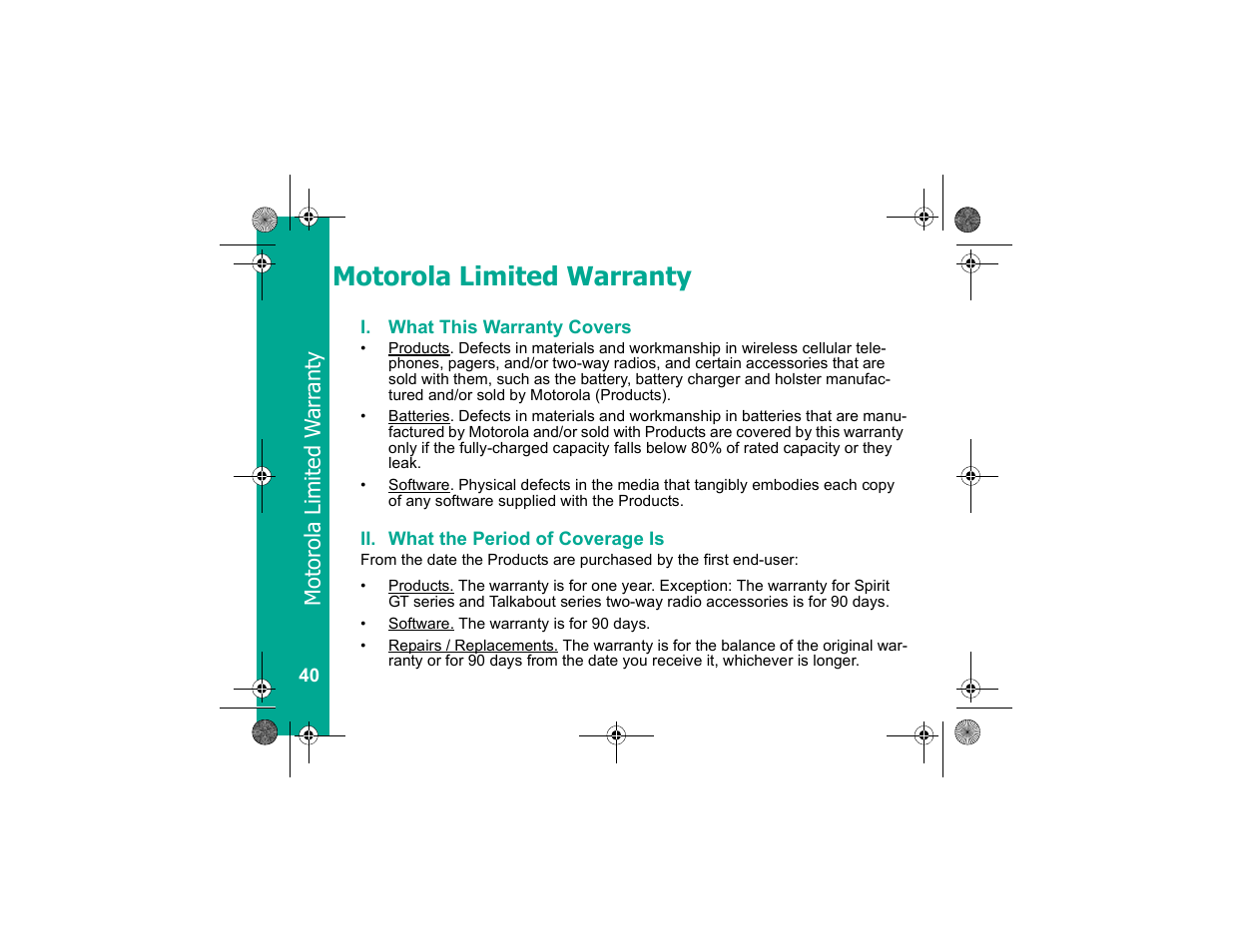 Motorola limited warranty, I. what this warranty covers, Ii. what the period of coverage is | Motorola Personal Communicator User Manual | Page 42 / 52