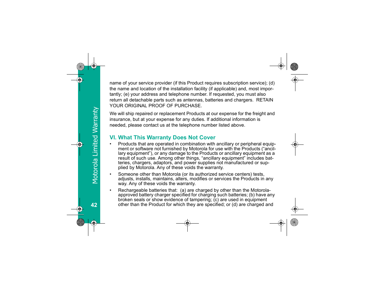 Vi. what this warranty does not cover, Vi.what this warranty does not cover | Motorola Personal Communicator User Manual | Page 44 / 52