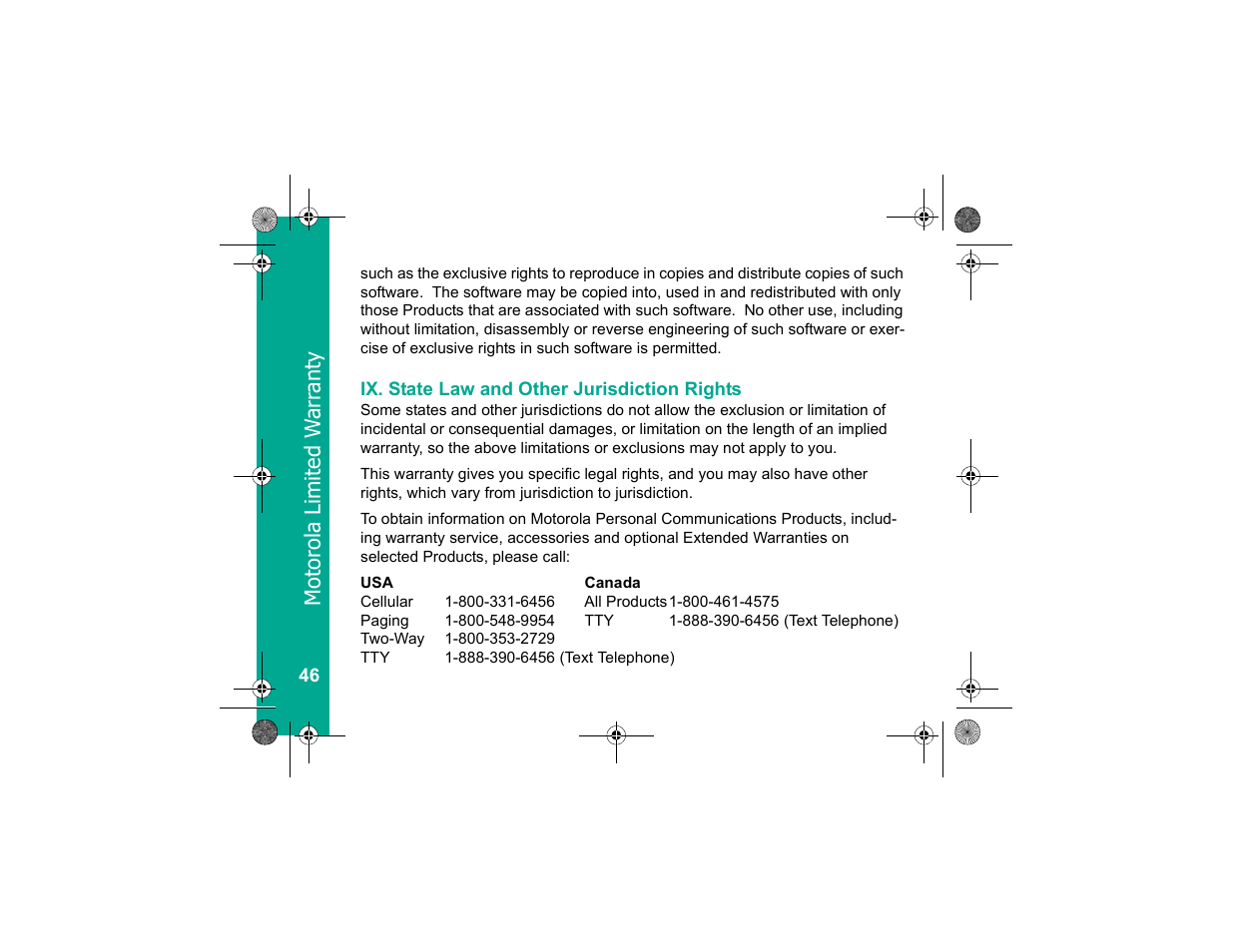 Ix. state law and other jurisdiction rights, Ix.state law and other jurisdiction rights, Mo tor ol a limited w arr ant y | Motorola Personal Communicator User Manual | Page 48 / 52
