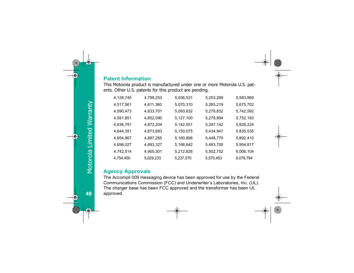 Patent information, Agency approvals, Patent information agency approvals | Mo tor ol a limited w arr ant y | Motorola Personal Communicator User Manual | Page 50 / 52