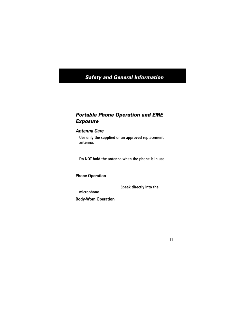 Safety and general information, Portable phone operation and eme exposure | Motorola E360 User Manual | Page 12 / 169