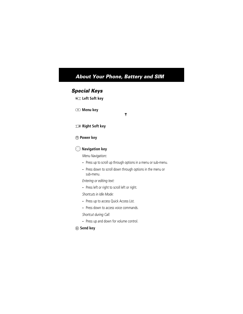 Special keys, About your phone, battery and sim | Motorola E360 User Manual | Page 21 / 169