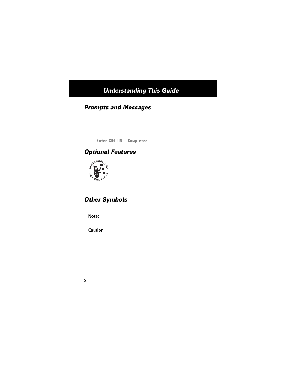 Prompts and messages, Optional features, Other symbols | Understanding this guide | Motorola E360 User Manual | Page 9 / 169