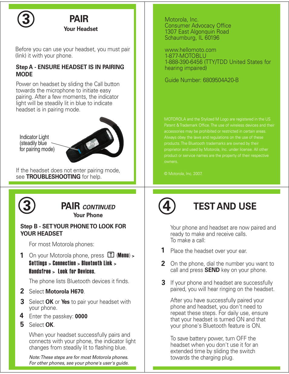Pair, Test and use | Motorola H670 User Manual | Page 2 / 5