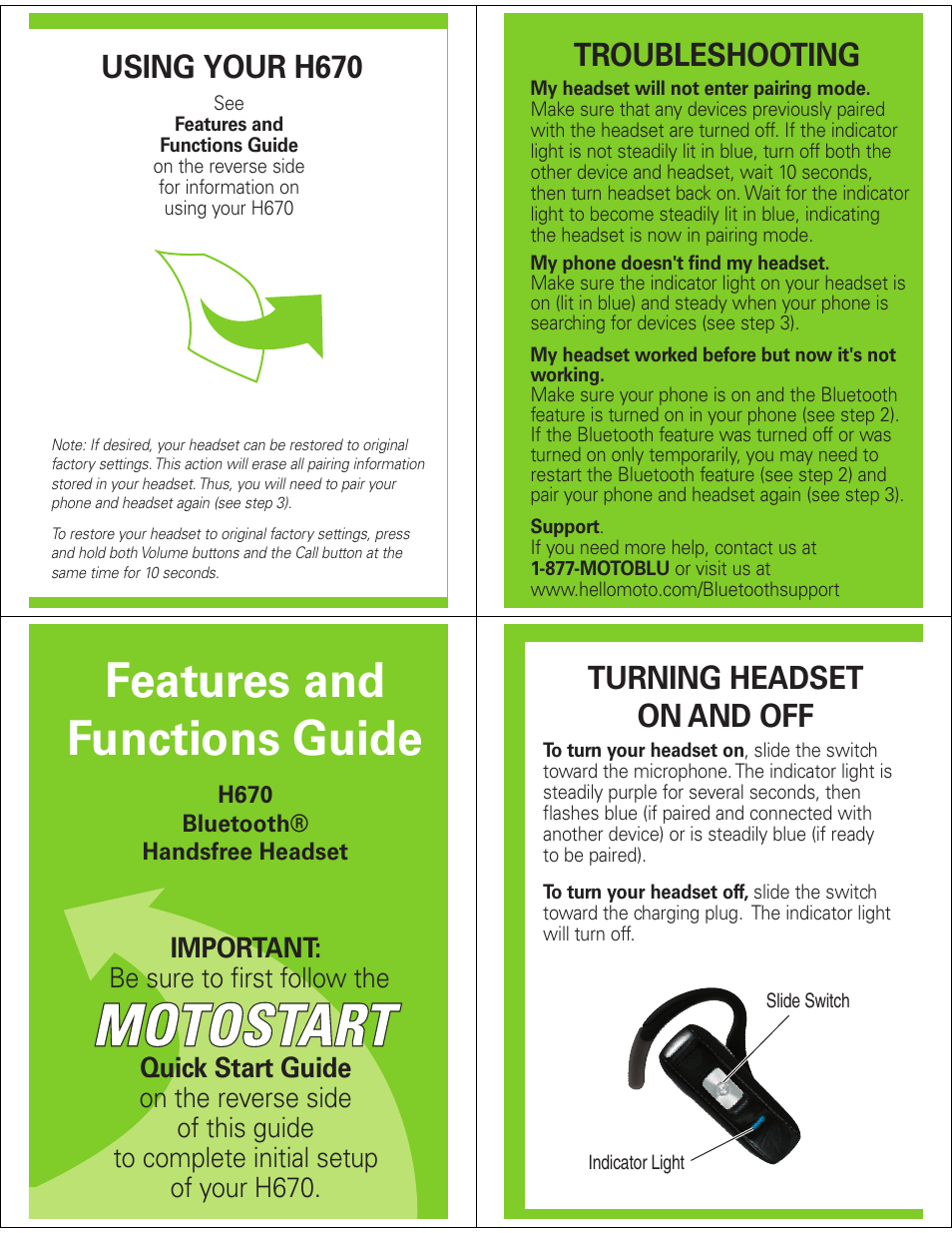 Features and functions guide, Using your h670, Troubleshooting | Turning headset on and off | Motorola H670 User Manual | Page 3 / 5