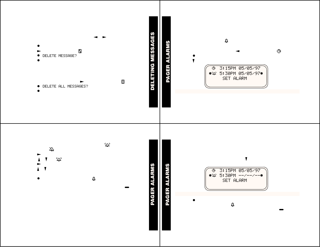 Deleting messages, To delete a single message, To delete a message while reading it | To set a one-time alarm, To set the alarm to alert daily | Motorola 6881029B40-A User Manual | Page 5 / 11