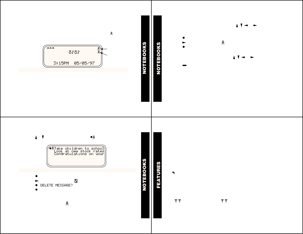 Notebooks, Deleting messages from your notebooks, Features | Message storage, Automatic message deletion, Out of range | Motorola 6881029B40-A User Manual | Page 8 / 11