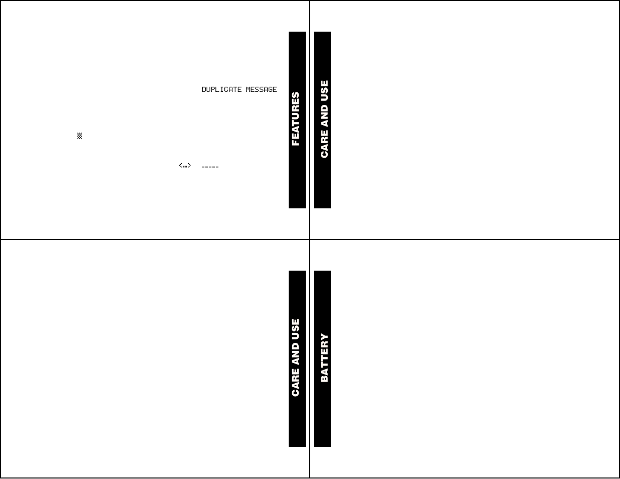 Key click, Duplicate message, Errored data indicator | Key click battery gauge, Care and use, Care and maintenance, Battery information, Installing/replacing the battery | Motorola 6881029B40-A User Manual | Page 9 / 11