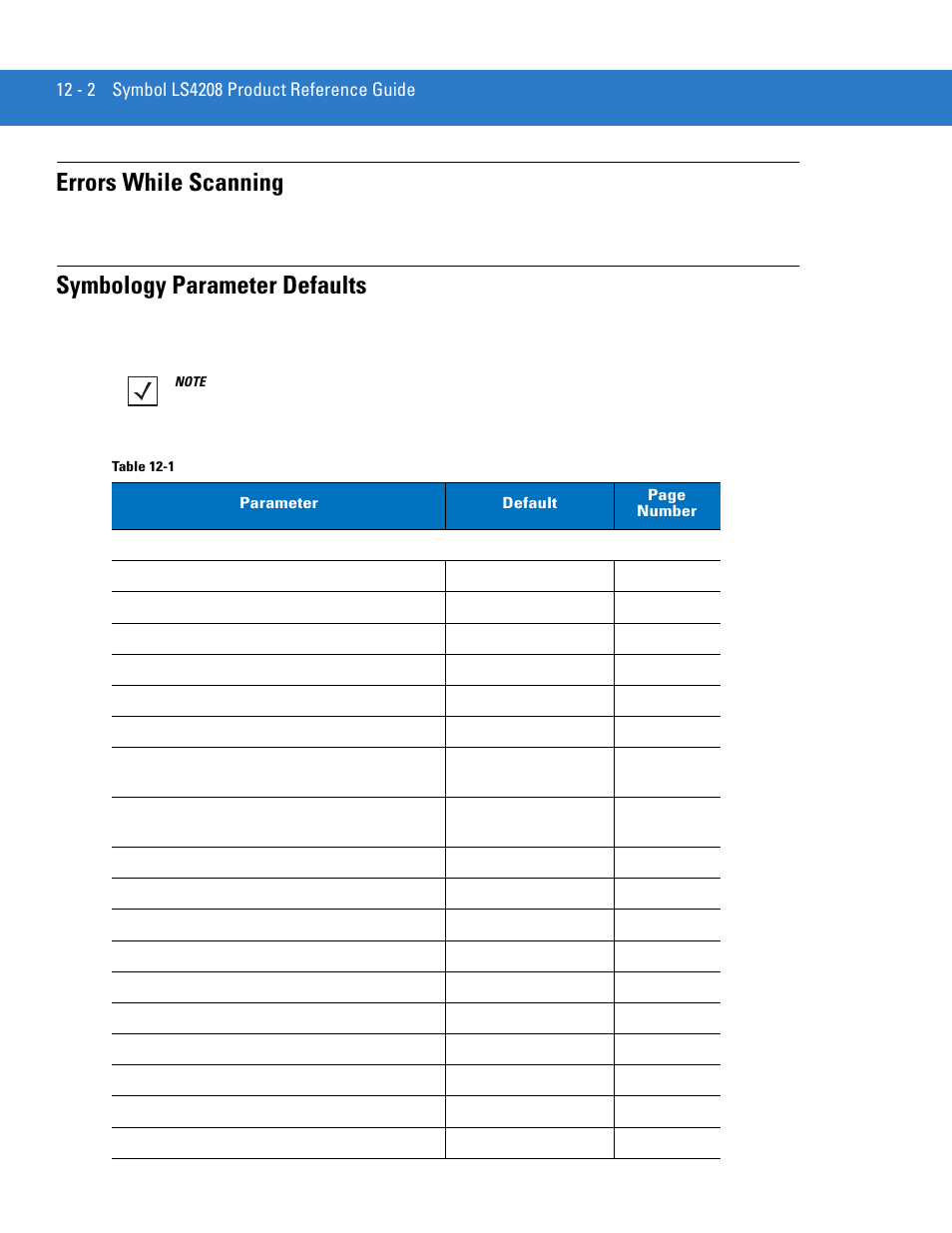 Errors while scanning, Symbology parameter defaults | Motorola LS4208 User Manual | Page 150 / 358