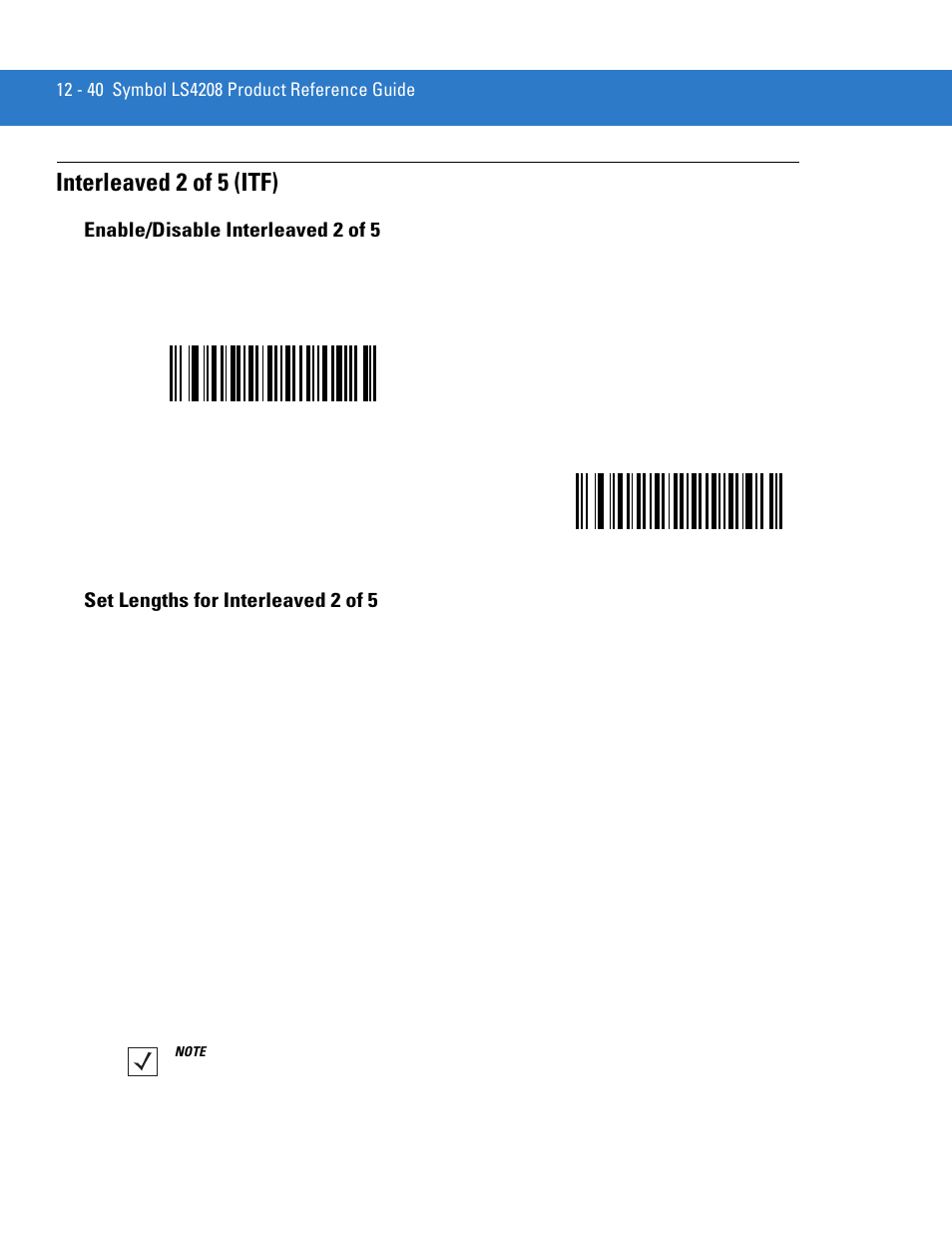 Interleaved 2 of 5 (itf), Enable/disable interleaved 2 of 5, Set lengths for interleaved 2 of 5 | Interleaved 2 of 5 (itf) -40 | Motorola LS4208 User Manual | Page 188 / 358