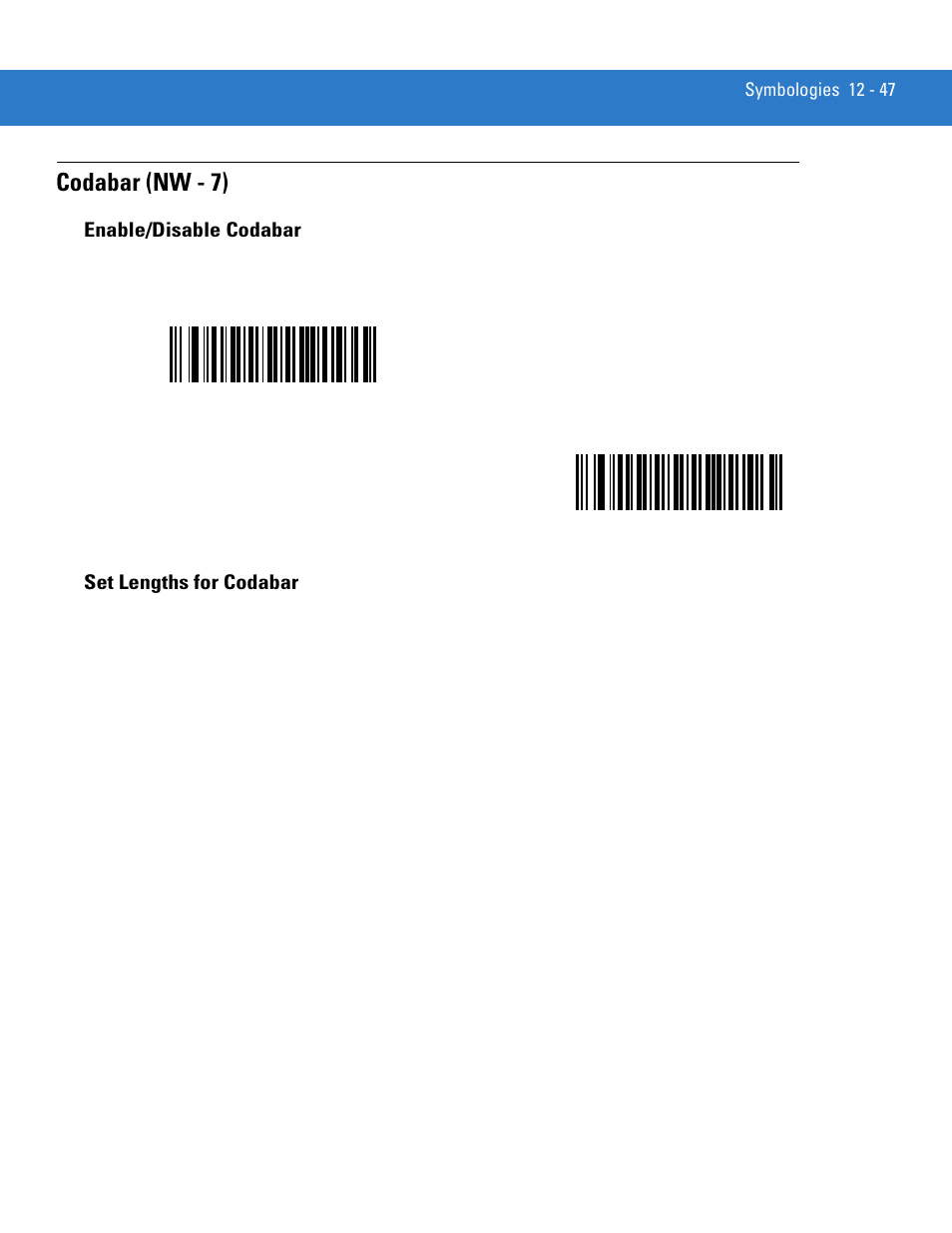 Codabar (nw - 7), Enable/disable codabar, Set lengths for codabar | Codabar (nw - 7) -47, Enable/disable codabar -47, Set lengths for codabar -47 | Motorola LS4208 User Manual | Page 195 / 358