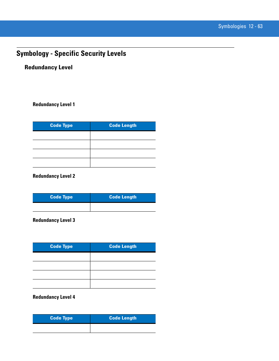 Symbology - specific security levels, Redundancy level, Redundancy level 1 | Redundancy level 2, Redundancy level 3, Redundancy level 4, Symbology - specific security levels -63, Redundancy level -63 | Motorola LS4208 User Manual | Page 211 / 358