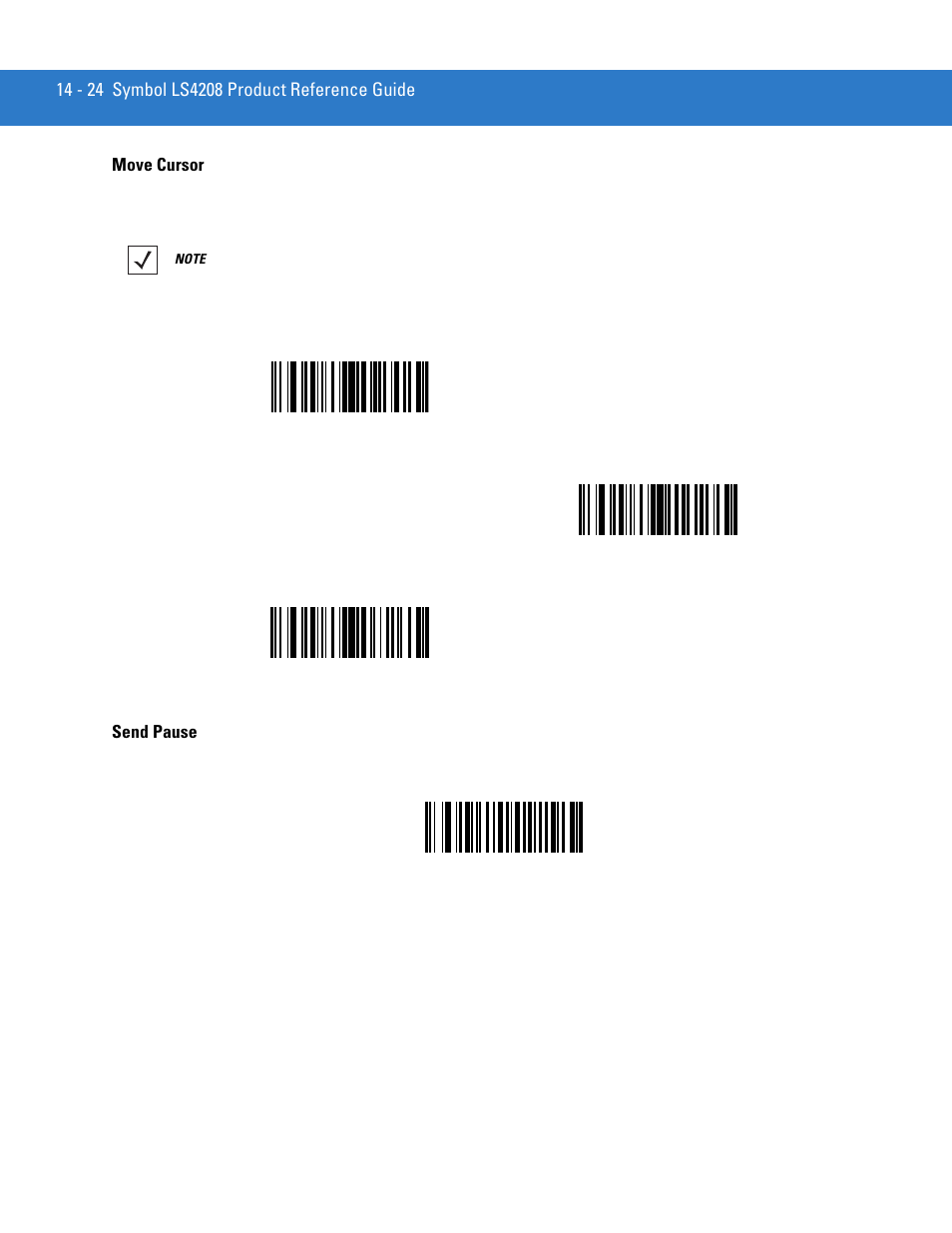 Move cursor, Send pause, Move cursor -24 send pause -24 | Move cursor to character, Bar code, Move cursor past character | Motorola LS4208 User Manual | Page 246 / 358