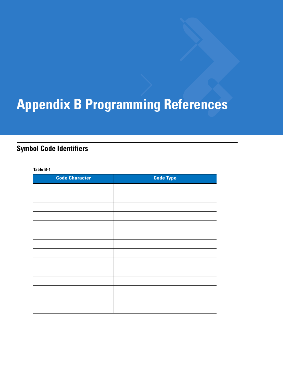 Programming references, Symbol code identifiers, Appendix b: programming references | Appendix b, programming references, Appendix b programming references | Motorola LS4208 User Manual | Page 323 / 358