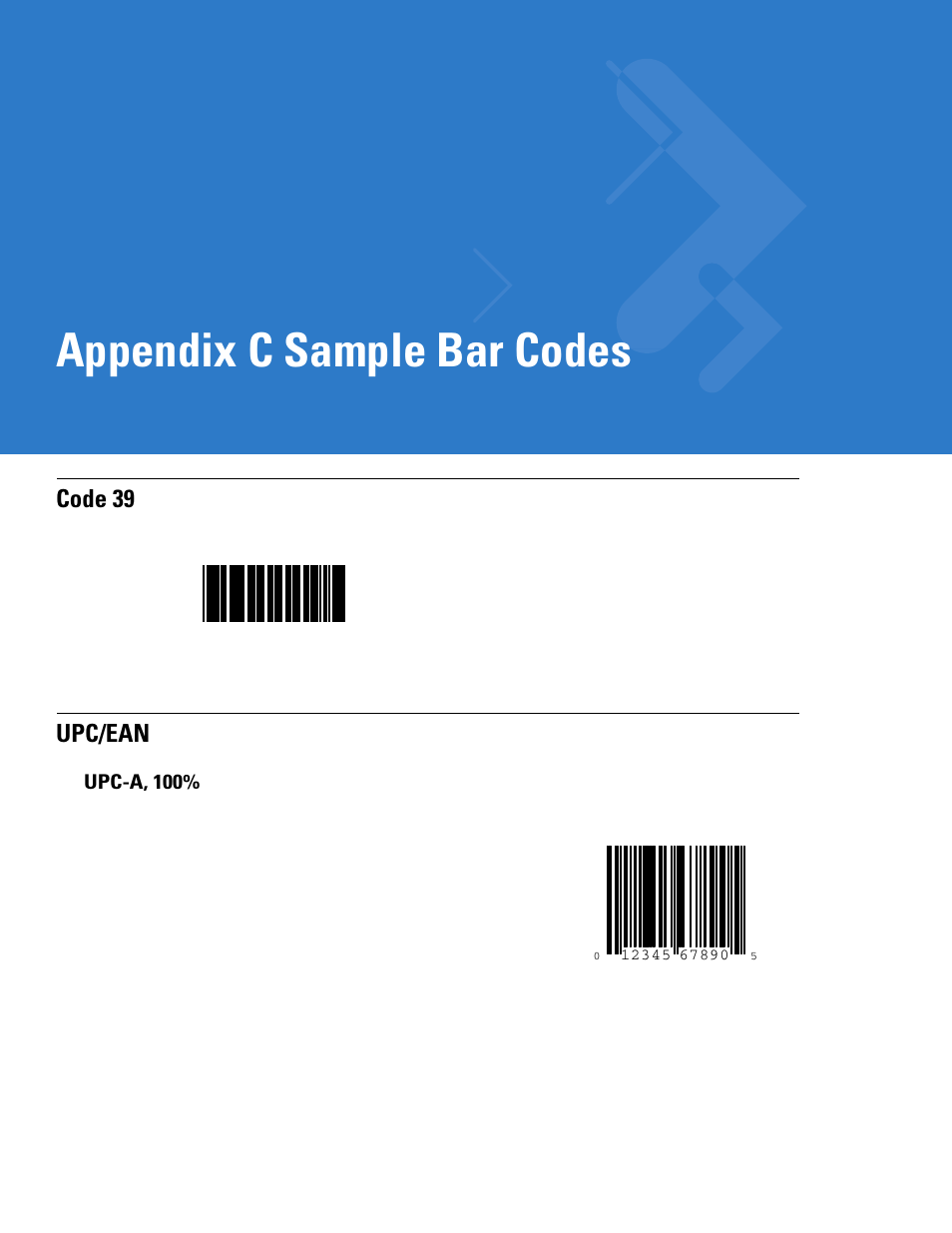 Sample bar codes, Code 39, Upc/ean | Upc-a, 100, Appendix c: sample bar codes, Appendix c, sample bar codes, Appendix c sample bar codes | Motorola LS4208 User Manual | Page 327 / 358