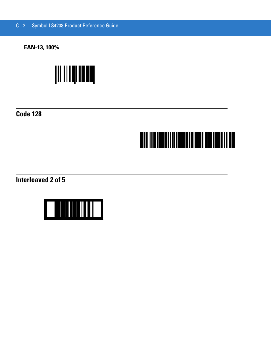 Ean-13, 100, Code 128, Interleaved 2 of 5 | Motorola LS4208 User Manual | Page 328 / 358