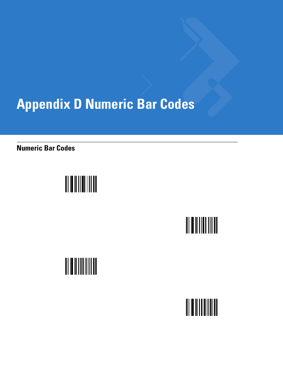 Numeric bar codes, Appendix d: numeric bar codes, Appendix d, numeric bar codes | Includ, G on, Appendix d numeric bar codes | Motorola LS4208 User Manual | Page 331 / 358