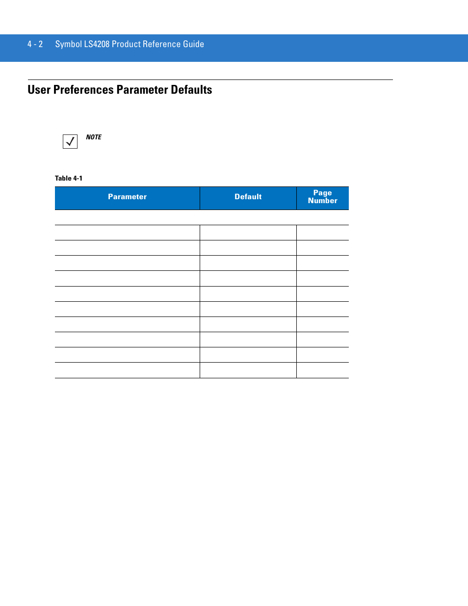 User preferences parameter defaults, User preferences parameter defaults -2 | Motorola LS4208 User Manual | Page 46 / 358