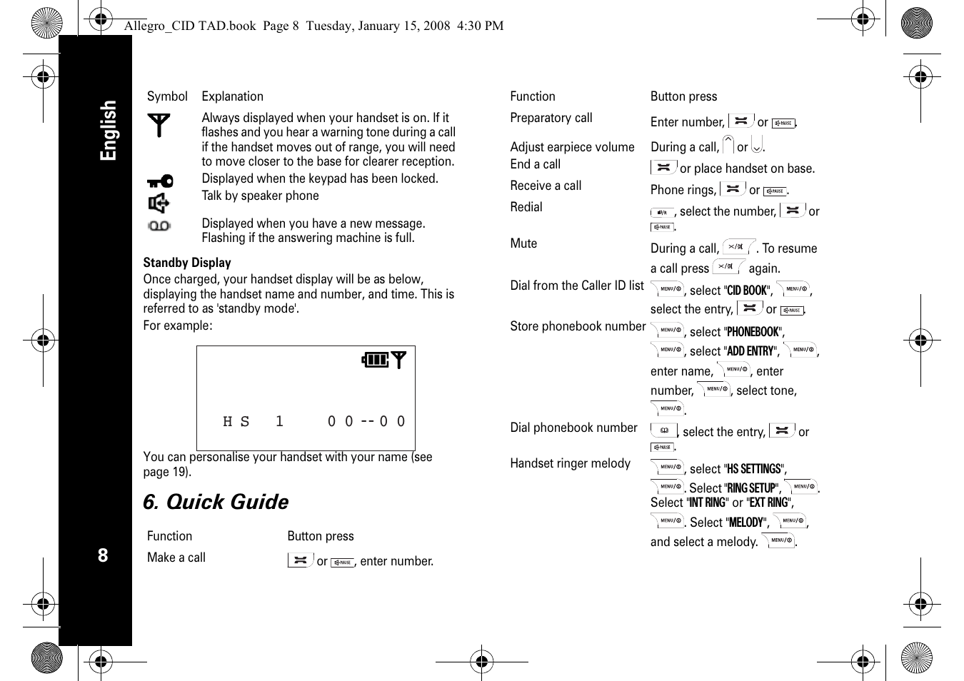 English, Quick guide, H s 1 0 0 | Motorola D210 User Manual | Page 10 / 32
