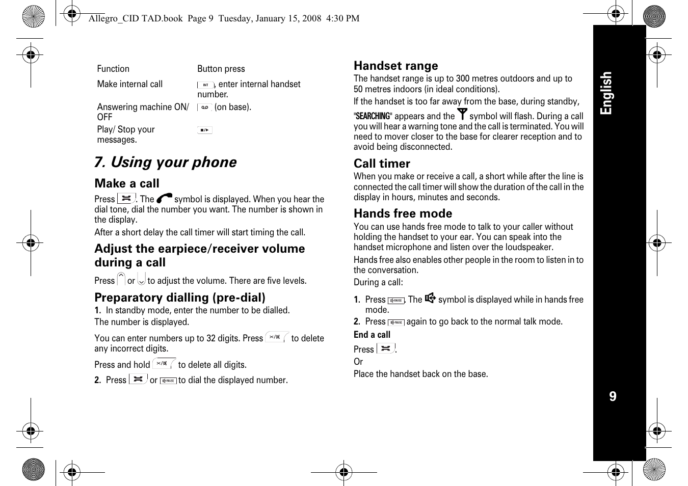 English 7. using your phone | Motorola D210 User Manual | Page 11 / 32
