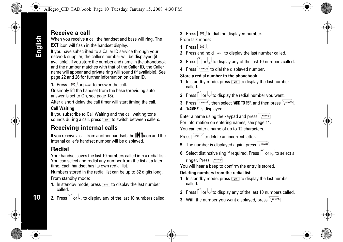 English, Receive a call, Receiving internal calls | Redial | Motorola D210 User Manual | Page 12 / 32