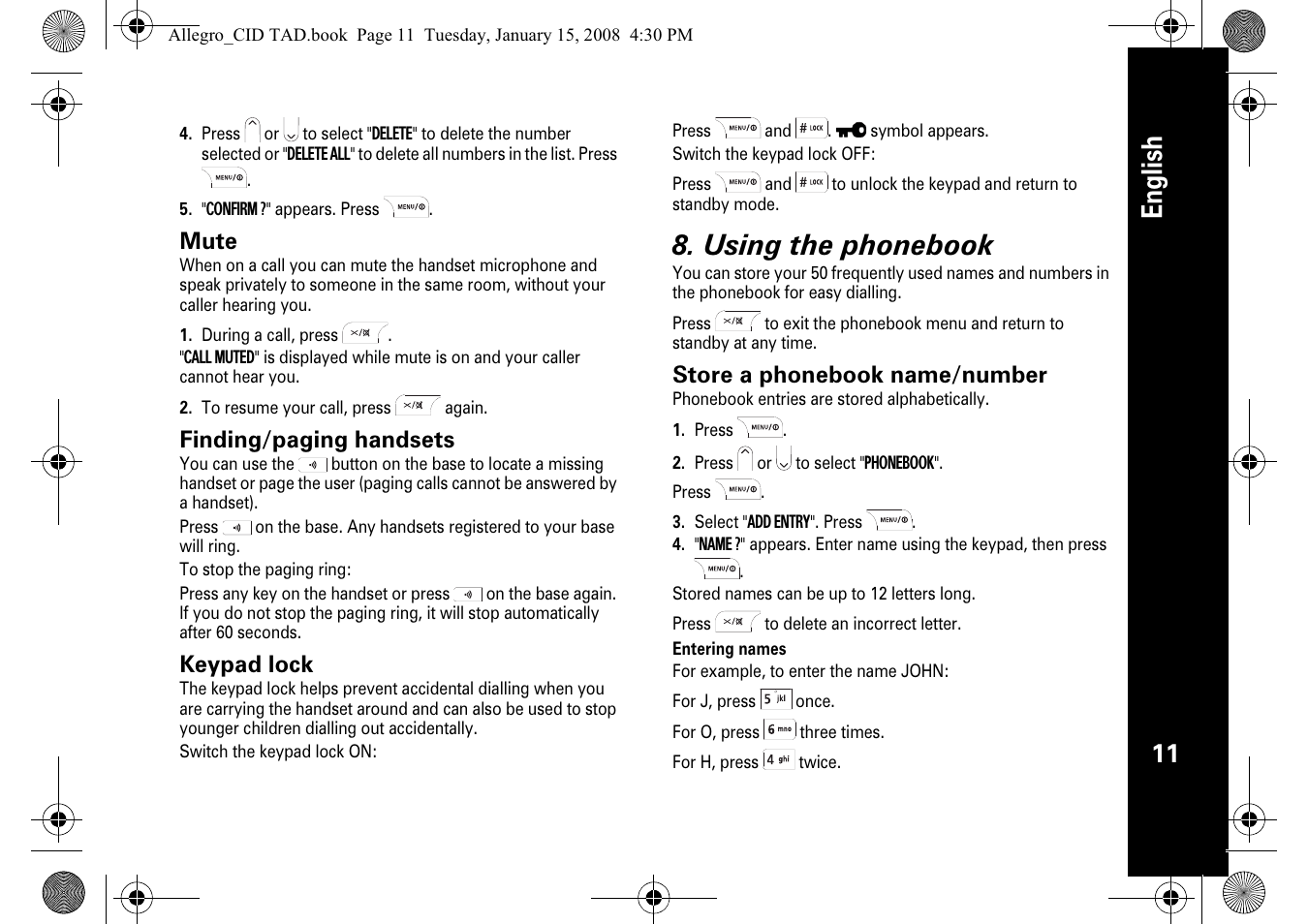 English, Using the phonebook, Mute | Finding/paging handsets, Keypad lock, Store a phonebook name/number | Motorola D210 User Manual | Page 13 / 32