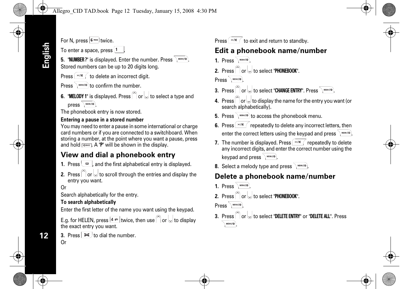 English, View and dial a phonebook entry, Edit a phonebook name/number | Delete a phonebook name/number | Motorola D210 User Manual | Page 14 / 32