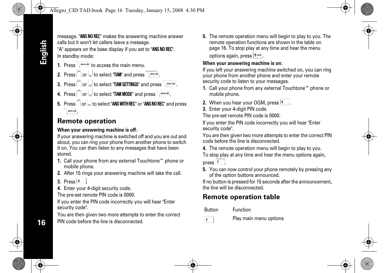 English, Remote operation, Remote operation table | Motorola D210 User Manual | Page 18 / 32