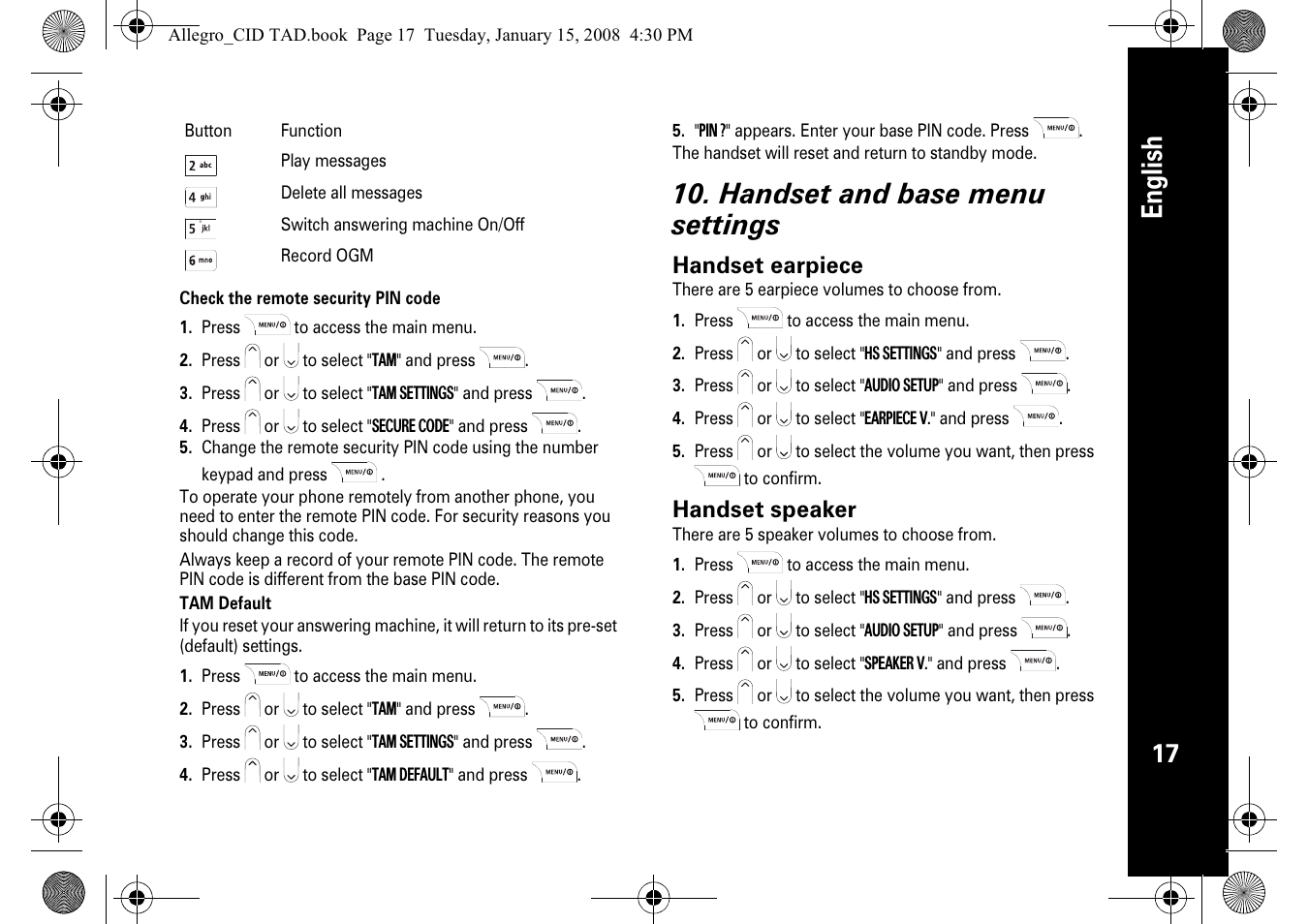 English, Handset and base menu settings, Handset earpiece | Handset speaker | Motorola D210 User Manual | Page 19 / 32