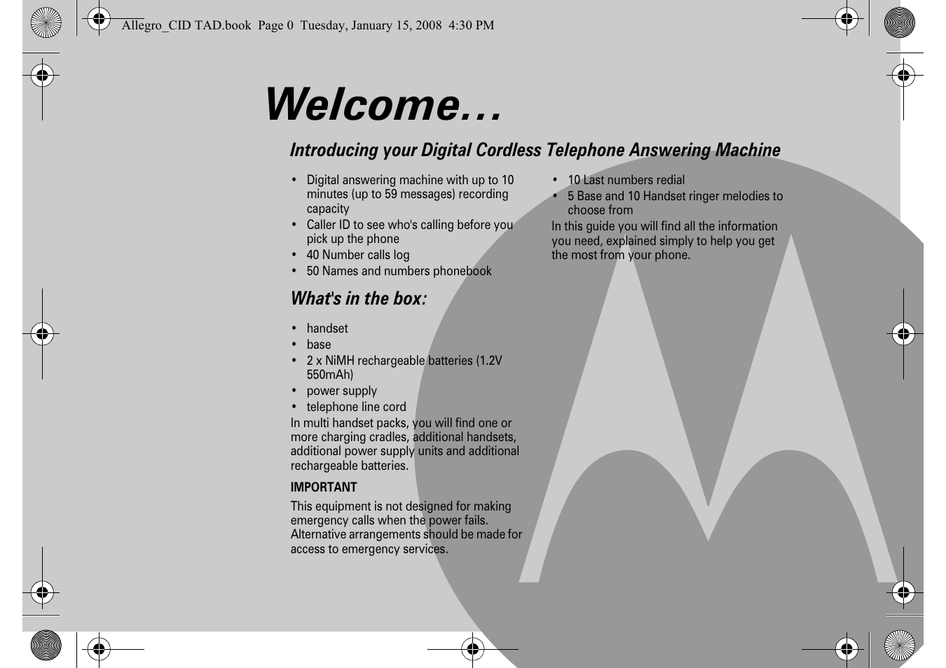 Welcome | Motorola D210 User Manual | Page 2 / 32