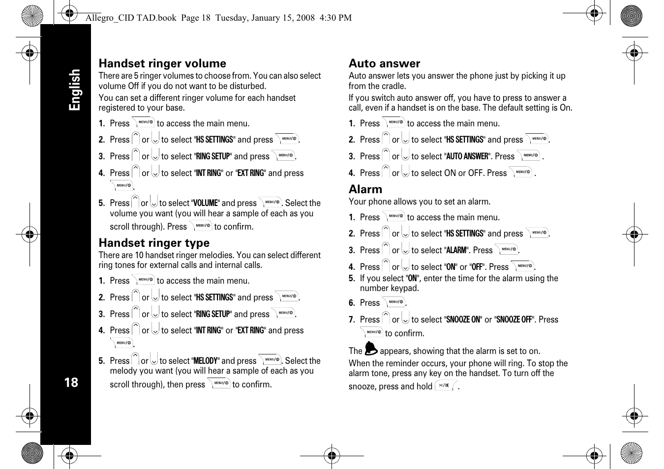 English, Handset ringer volume, Handset ringer type | Auto answer, Alarm | Motorola D210 User Manual | Page 20 / 32