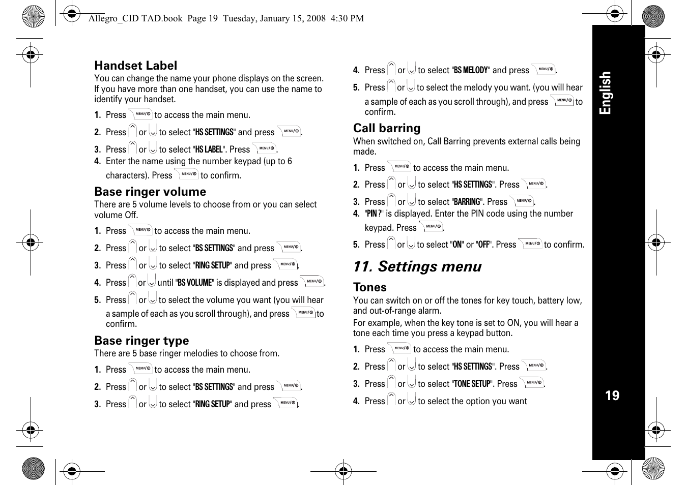English, Settings menu, Handset label | Base ringer volume, Base ringer type, Call barring, Tones | Motorola D210 User Manual | Page 21 / 32