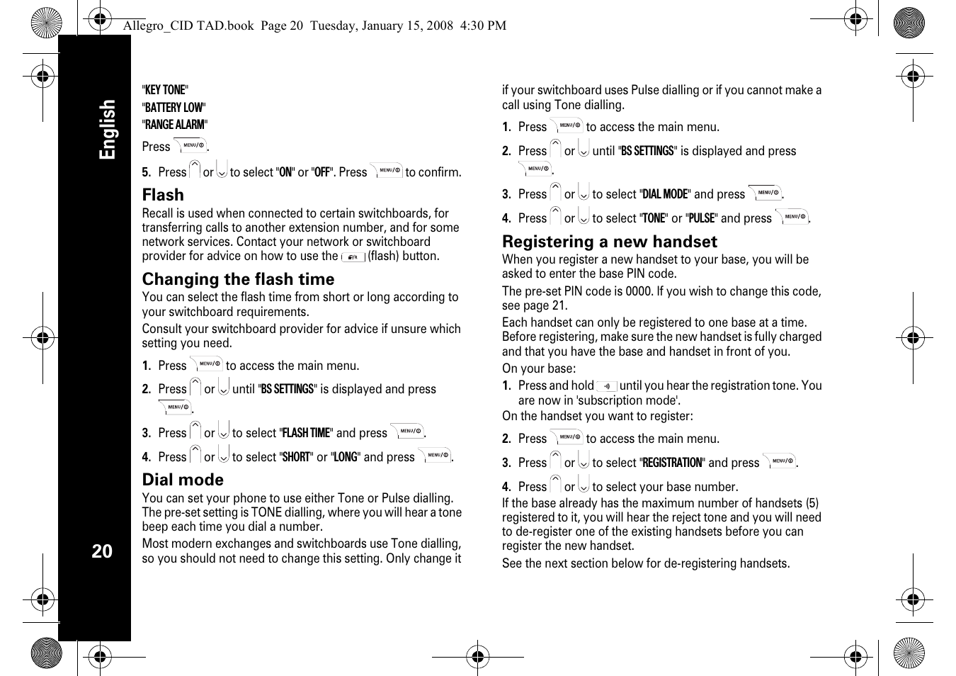 English, Flash, Changing the flash time | Dial mode, Registering a new handset | Motorola D210 User Manual | Page 22 / 32