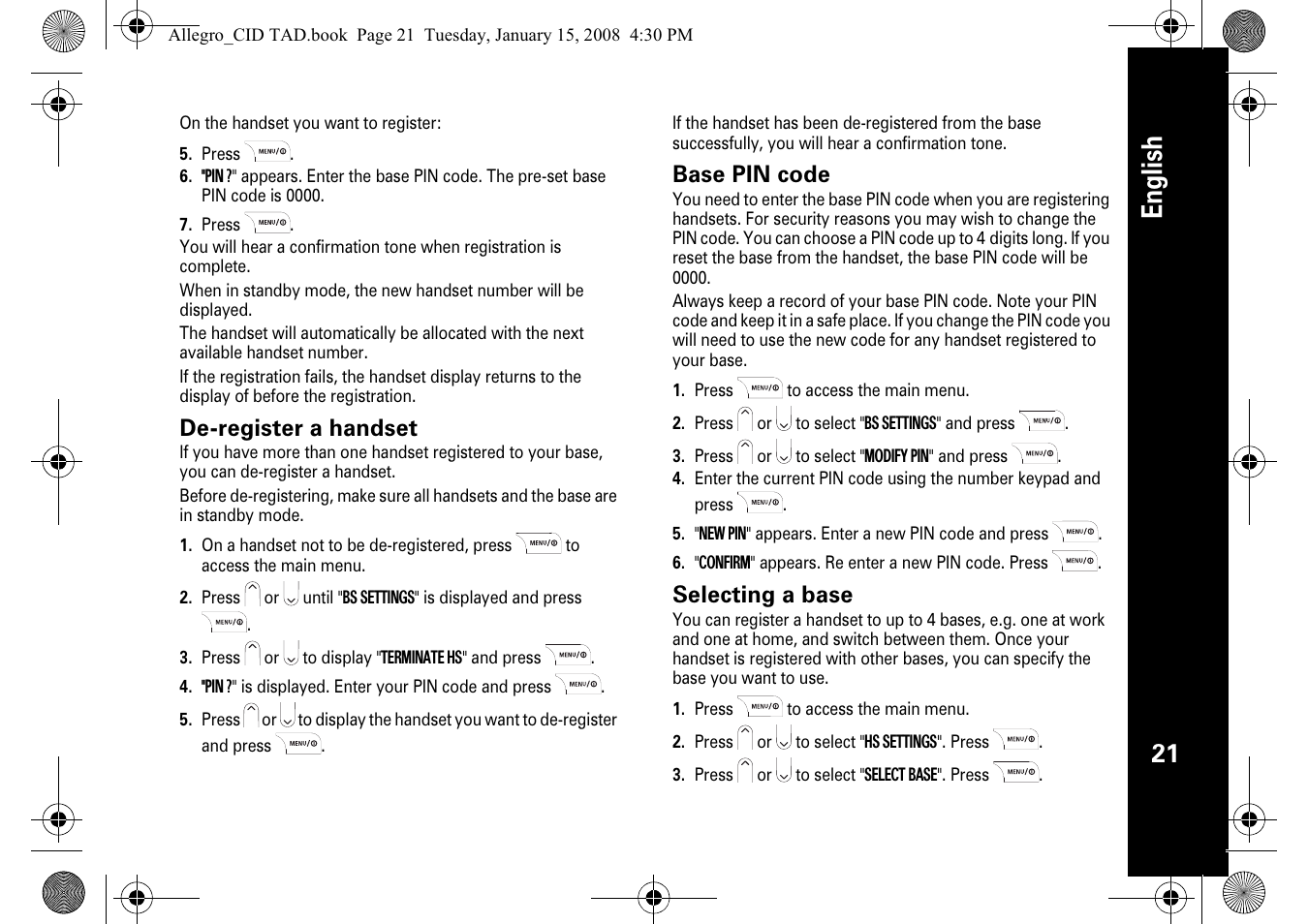 English, De-register a handset, Base pin code | Selecting a base | Motorola D210 User Manual | Page 23 / 32