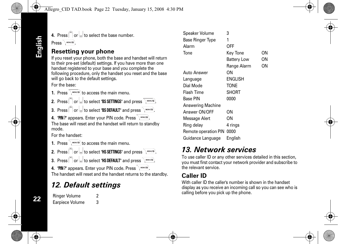 English, Default settings 13. network services, Resetting your phone | Caller id | Motorola D210 User Manual | Page 24 / 32